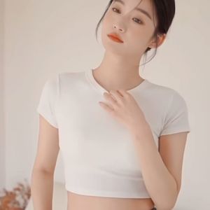 (SG InStock) Round Neck Padded Cotton Crop Top (Blouse Cotton Top tee Padded Top Athletic Top Cotton T Shirt)-YGR01