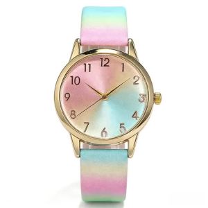Fashion Womens Gold Gradient Rainbow Watch Pink Blue Dial Leather Strap Quartz Wristwatch