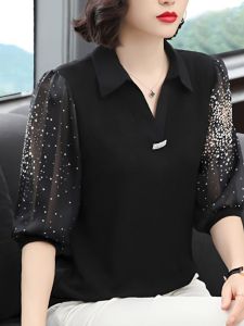 Loose Womens Black Chiffon 3/4 Sleeve Overhead Shirt Spring Summer New Style Casual Loose Base Layer Top Korean Version