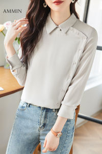 เสื้อเชิ๊ตผู้หญิงผ้าชีฟองอเนกประสงค์แขนยาวลำลองใหม่2023เสื้อเชิ๊ตผู้หญิงดีไซน์แฟชั่นสไตล์เกาหลีเสื้อเชิ๊ตแขนยาวอาชีพไม่สมมาตร