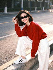 Christmas Red Loose Womens Knitted Sweater Comfortable Cozy Winter Base Layer Long Sleeve round Neck Thick Wool Blend Top