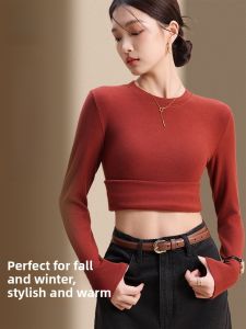 Miiow | Thickened Long Sleeve Knitted Base Shirt Womens Autumn Winter High Sensation Integrated Velvet Warm Sweater Commute Style Pure Color