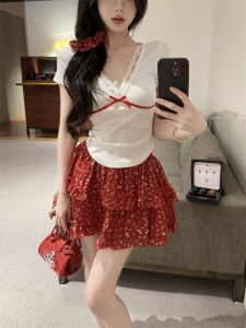 GUZILIAN | Sweet Pure Desire Lace Splice Summer Slimming T-Shirt Skirt Set Womens Floral Half-length Two-piece Ensemble Commute Style