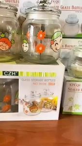 Bộ 2 Hũ Thủy Tinh 500ml NO_9036 Họa Tiết Xanh Xắn - Hũ Đụng Gia Vị Thực Phẩm Decor