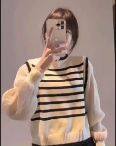 MOCHA Women Long Sleeve Shirt Fake 2 Pieces Retro Puff Sleeve Striped Women Tops 法式假两件针织衫撞色针织衫 ST376