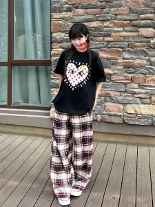 ZHUOCAN | Aesthetic Black and Red Checked Loose Flowy Wide Leg Pants