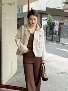 Spring New Style Womens Short Knitted Collar Jacket Casual Pearl Velvet Loose Fit Long Sleeve Casual Outerwear Coat
