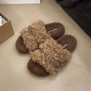 IELGY Fashion teddy curly fur slippers womens 2024 new soft-soled belt buckle straight cotton slippers