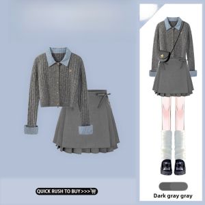 Womens Polo Neck Long Sleeve Knitted Top Pleated Short Style Set with Half Skirt Autumn College Style Fashion Two-Piece Suit