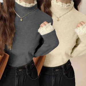 Lieoyuarn | Autumn Winter Long Sleeve Slim Fit Lace Half High Collar Undershirt