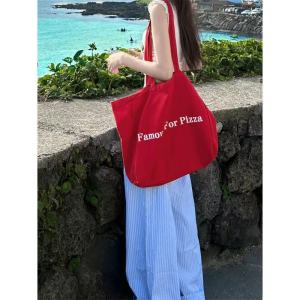 2025 New Red Letter Canvas Tote Bag Summer Lazy Style Large Capacity Single Shoulder Shopping Cloth Bag Casual Leisure Handbag