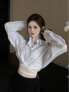 Summer Sweet Spicy Girl High Waist Short Design Baring Waist Shirt Womens Small Size Pure Desire White Shirt Bubble Sleeve