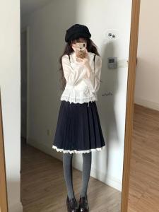 Váy Xếp Ly Viền Hàn Quốc Giản Dị Mùa Xuân Thu Màu Xám Carbon Cạp Cao Thường Ngày Dáng Chữ a Đa Năng Váy Dài Vừa Phải