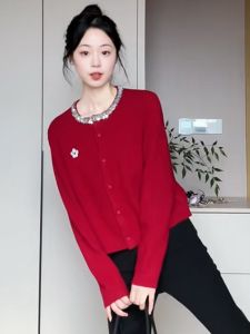 BINKAFENNY | Korean Style Red Diamond Embellished Sequin Embroidery Sweater Cardigan Womens Autumn Winter Atmosphere Knitted Top Coat