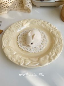 ชามกระต่ายสไตล์เกาหลี ชามขนมหวาน ชามทรงกลม ชามเซรามิกสีเหลือง สไตล์เรโทร ชามเส้นแบน ชามกระต่ายสีขาว ชามกระต่ายสีทอง