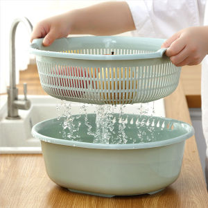 Kitchen Double-Layer Plastic Vegetable and Fruit Basket (Dripping Type) Washing Basin Wash Fruit Basket Multi-Purpose Rice Washing Machine Washing Vegetable Basket Drain Basket Colander