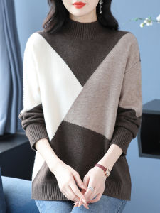 Ladies Chunky Knit Sweater Half High Collar Color Block Cashmere Wool Loose Fit Autumn Winter Warm Fashionable Base Layer Top