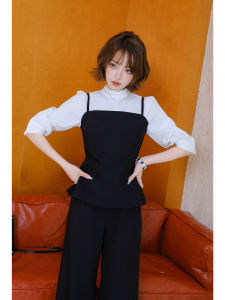MIUCO | Bộ Ba Món Chuyên Nghiệp Áo Sơ Mi Tay Bóng Màu Trắng Quần Dây Cao Waist-High Quần Ống Rộng