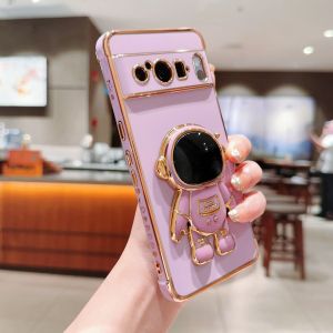 Cute Astronaut Fold Holder Phone Case for Google Pixel 8 9 10 Pro XL 10A 9A 8A 7A Luxury Plating Silicone Soft Shockproof Cover