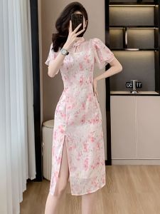 Elegant Slant Collar Cheongsam Dress High End Womens Fashion Split A-Line Skirt Short Sleeve Midi Dress for Summer 2025