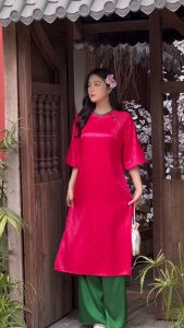 Áo dài gấm suông hoa cúc viền cổ thanh lịch AD183- Khánh Linh Style