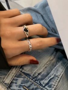 Bestella💗COD 2 Pcs Cincin Korea Silver Gaya Cinta Hitam Aesthetic Ring Pria Keren Untuk Wanita Aksesori Fashion