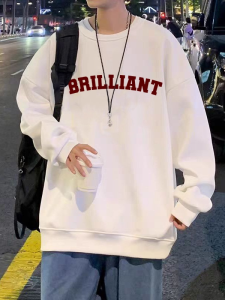 เสื้อสเวตเตอร์คอกลมแขนยาวบุขนแกะสไตล์ฮิปฮอปสีขาวและสีเทาสำหรับผู้ชาย ทรงหลวม ผ้าฝ้ายผสมโพลีเอสเตอร์ ฤดูใบไม้ร่วง