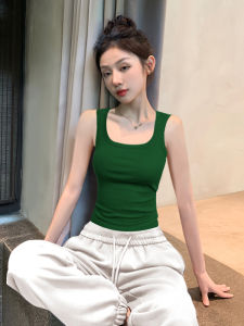 Summer 2024 Womens Slim Fit Square Collar Sleeveless Strap Vest Deep Green Trendy Top Street Style Cotton Spandex Blend