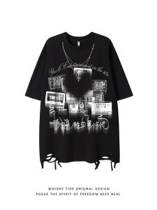 เสื้อยืดแขนสั้นหลวมๆ สำหรับผู้ชายในช่วงฤดูร้อน ดีไซน์แบบสวมหัว คอกลม ลายตัวอักษร ความยาวปกติ สไตล์ฮิปฮอป เสื้อยืดแขนสั้น MOISHE TIDE