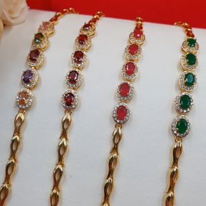 สร้อยข้อมือทองฝังเพชร พลอย นพเก้า โกเมน ทับทิม มรกต ตะขอคลิปล็อค เสริมบารมี ใส่ออกงานได้ ใส่อาบน้ำได้