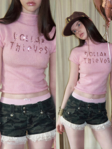 1JINN STUDIO | Alpaca Wool Beaded Mock Neck Knitted Short Sleeve Top Slim Fit