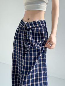 Blue Plaid Wide Leg Pants Womens Summer 2025 New High Waist Loose Drape Casual Floor-Length Pants Korean Style Straight Tube