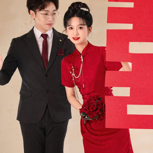 Red Long Sleeve Wedding Dress New Chinese Style Qipao Bridesmaid Dress for Engagement Dinner Party Wedding Return Home Outfit