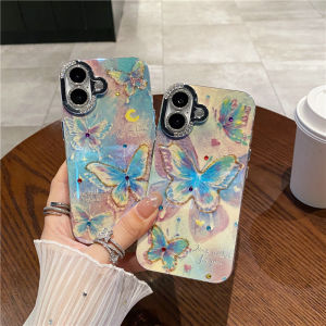 เคสสำหรับ iPhone 16 11 12 13 14 15 Pro 16 15 14 Plus 16 Pro Maxกรอบเพชรแฟชั่น3D รูปแบบสีน้ำเงิน-Ray เคสโทรศัพท์ซิลิโคนนิ่มป้องกันด้านหลังผู้หญิง