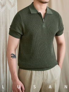 Summer Slim Fit Collar Zipper Short Sleeve Hemp Blend Breathable Waffle Knitted Shirt