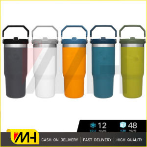 IceFlow Flip Straw Tumbler 30 oz Insulated Stainless Steel Sports Bottle Travel Office Drinks Indoor/Outdoor Thermos Travel with Straw Travel Water Bottle Sports Water Bottle with Handle