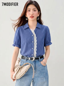 7.Modifier | Áo Sơ Mi Dáng Sweet Casual Họa Tiết Carô Tay Bồng Viền Ren Mùa Hè