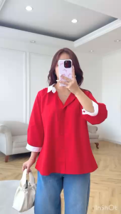NANDO ATASAN KEMEJA WANITA KERAH SHANGHAI BULAT MERAH PUTIH LENGAN 7/8