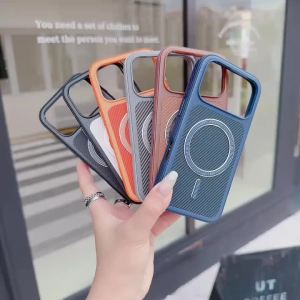 Carbon Fiber PU Leather Texture For Magsafe Magnetic Case For iPhone 18 17 16 15 14 13 Pro Max Hybrid Bumper Armor Phone Cover