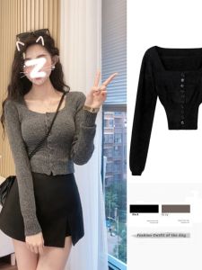 Black Square Collar Collarbone Knitting Cardigan Womens Autumn and Winter Fancy Silm High Waist Inner Bottoming Shirt Short Tops