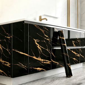 Oil- And Water-Resistant Black Yellow Marble-Patterned PVC Wallpaper/Self-Adhesive Cabinet Sticker Suitable For Home Decoration.