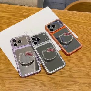 Sanrio | Luxury Glitter Diamond Mirror Cute Hello Kitty Airbag Stand Phone Case For iphone Air 17 Pro Max 16 15 14 13 12 11 Bumper Cover