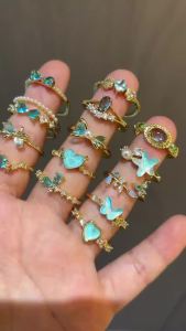 Vintage Blue Crystal Bow Knot Rings Women Gold Plated Open Adjustable Ring Sweet Heart Zircon Pearl Finger Ring Fashion Jewelry