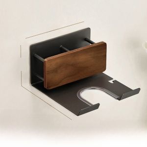 Walnut Wood Wall-Mounted Hair Dryer Holder Integrated Towel Rack Middle-Aged Style Bathroom Storage Shelf No-Punching Needed