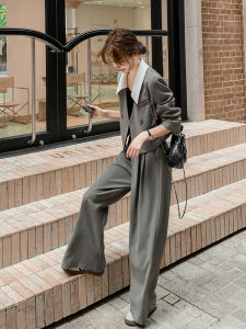 Gray Green Korean Style Elegance Small Fragrance Wind Top Set Womens Autumn 2025 Casual Wide Leg Pants Two Piece Set
