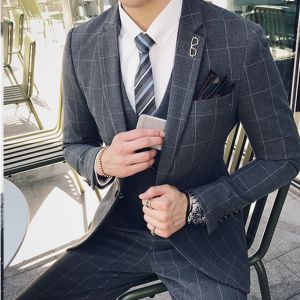 GUKENRO 3PCS Blazer for Men Plaid ( suit vest pants ) Korean Formal Evening Dinner Tuxedo Office Classy Outfit Male Suit Set