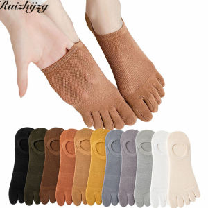 Ruizhijzg Ready Stock Cotton Five Toe Socks For Woman Summer Ladies Girls Invisible No Show Non-Slip Boat Socks Breathable And Sweat Absorbing Five Fingers Socks Fashion Solid Color