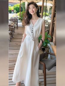 Elegant French V-Neck Sleeveless Cotton Linen Dress Women Summer New Style Small Size Luxury High-End Long Dress