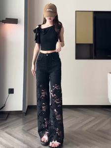 Early Spring New Lace Slim Wide Leg Straight Jeans Womens Hollow out Fashionable Versatile Elastic Loose Jeans