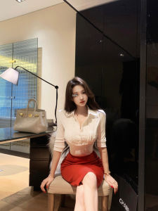 Slim Fit Long Sleeve Polo Neck Shirt Womens Commute Style Korean Fashion White Shirt Waist Cinching Autumn Winter Top